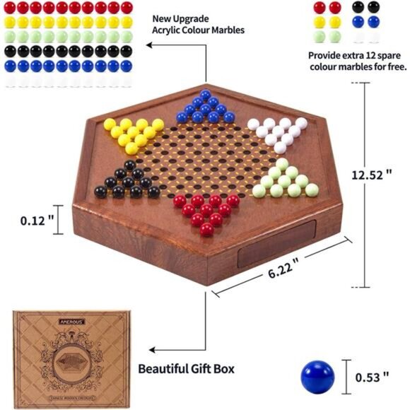 Wooden Chinese Checkers Set with Storage Drawer - 60 Acrylic Marbles in 6 Colors - Picture 5 of 7